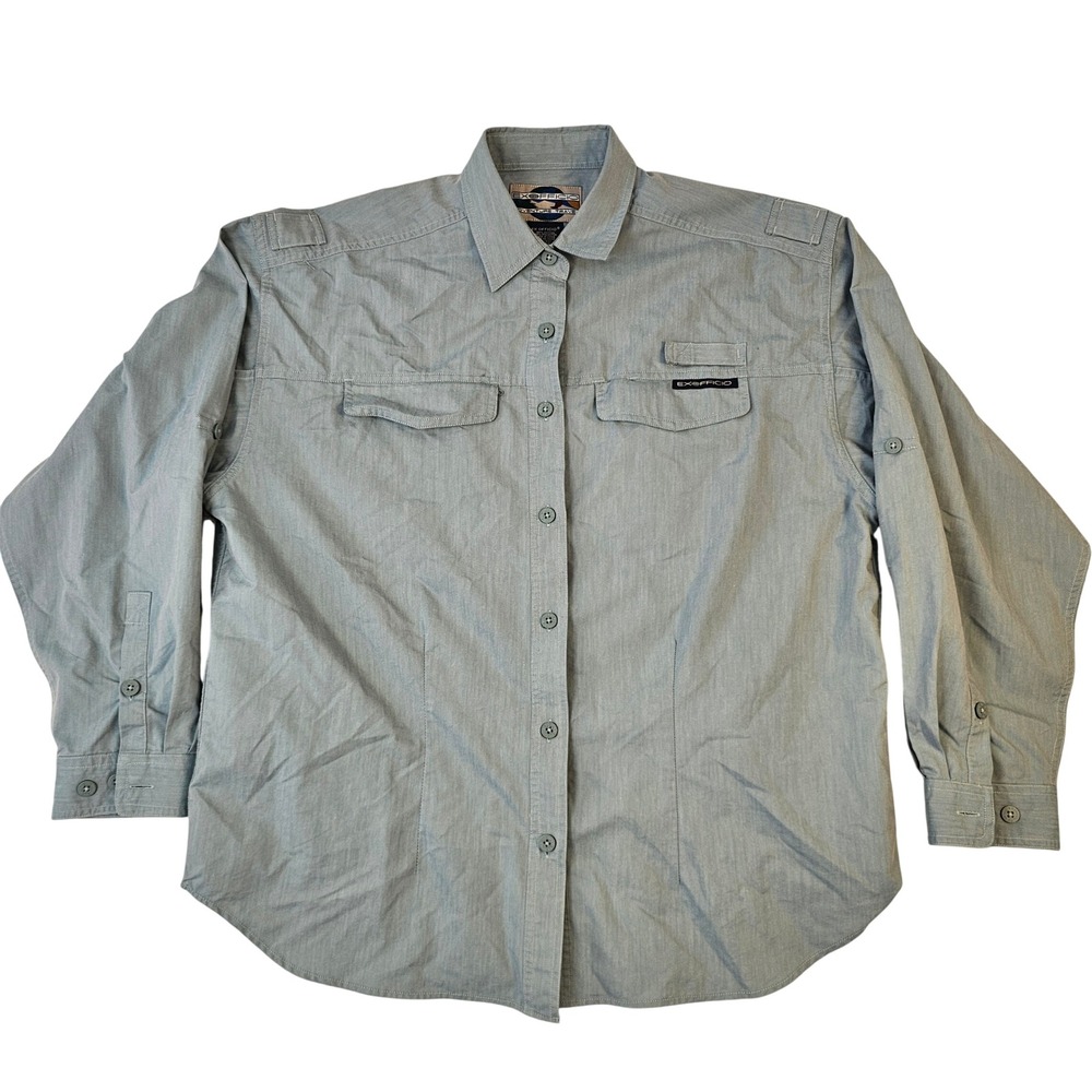 ExOfficio Adventure Travel Shirt Mens XL Grey Blue Long Sleeve Fishing Hiking
